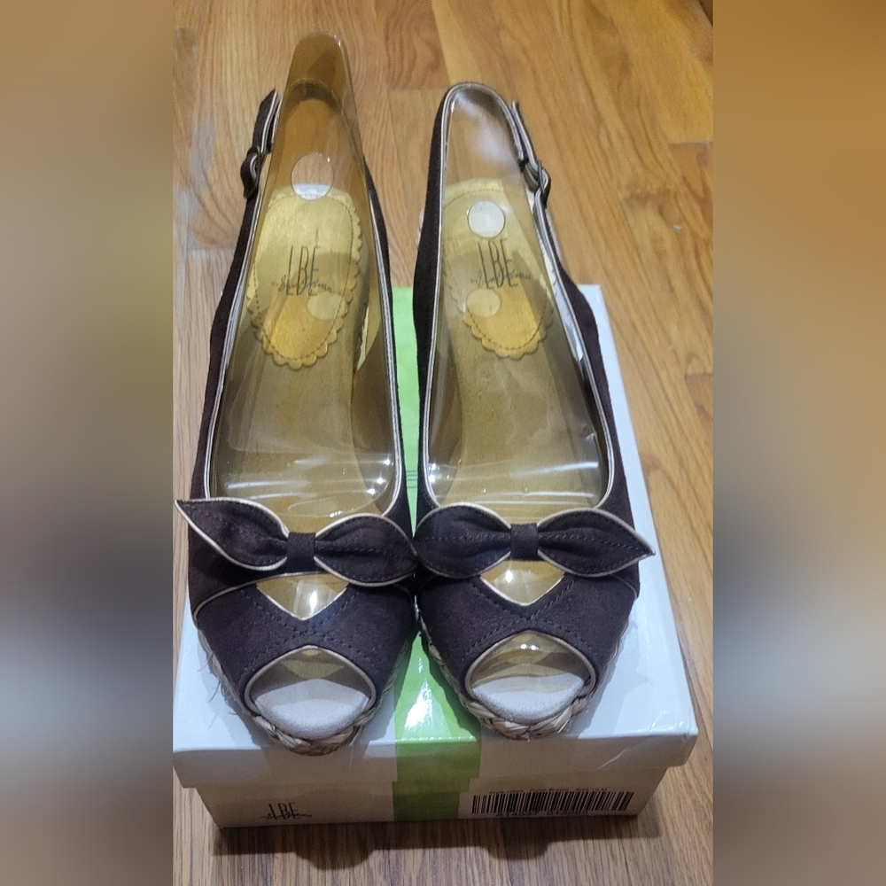LBE By Sam Edelman peep toe Raffia Wedge brown shoes Size 10
